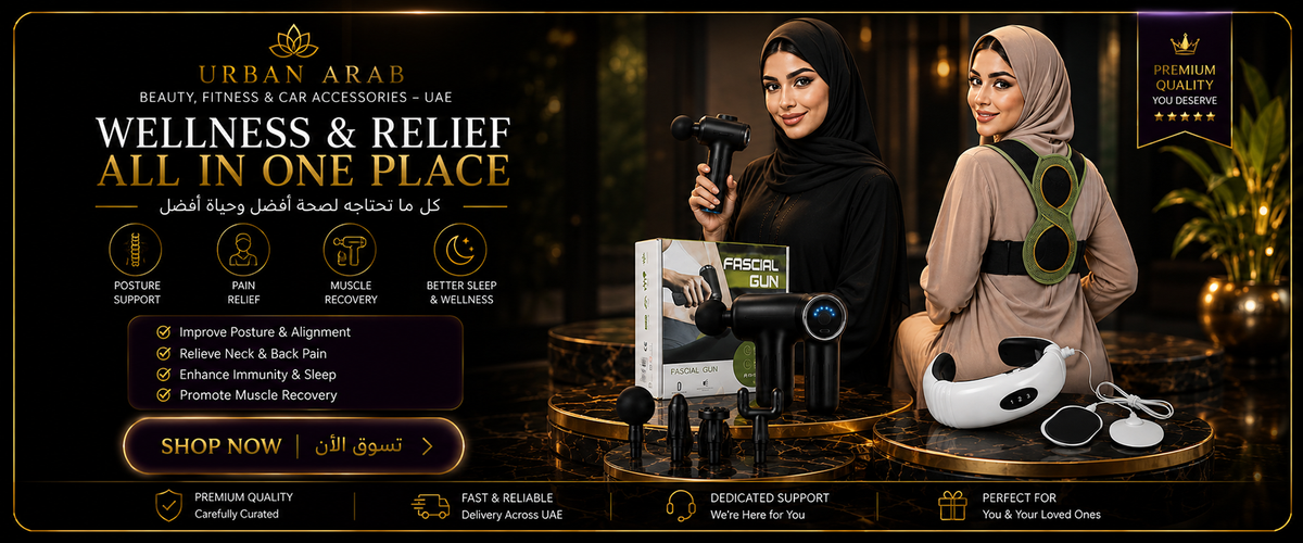 Promotional banner for Urban Arab Wellness & Relief, showing two women in hijabs demonstrating massage and recovery devices on a dark, luxurious background with gold text and icons.